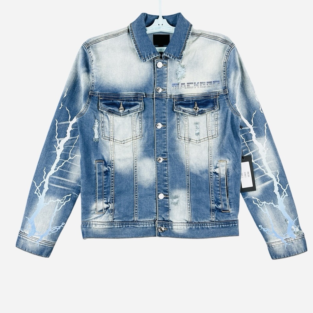 Mac Keen Market Men Rhinestones Blue Denim Jacket Small Distressed Thunder NWT